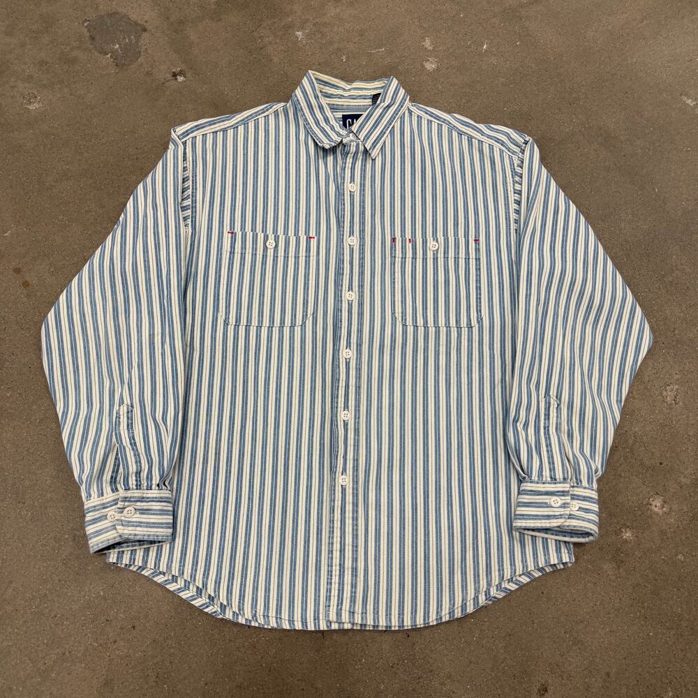 Vintage 90s Gap Hickory Stripe Button Down Shirt Blue Cotton Medium Men